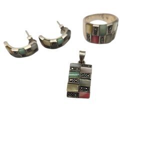 Vintage Sterling Silver Multi Jade Coral MOP Marcasite Jewelry Set Earrings Ring